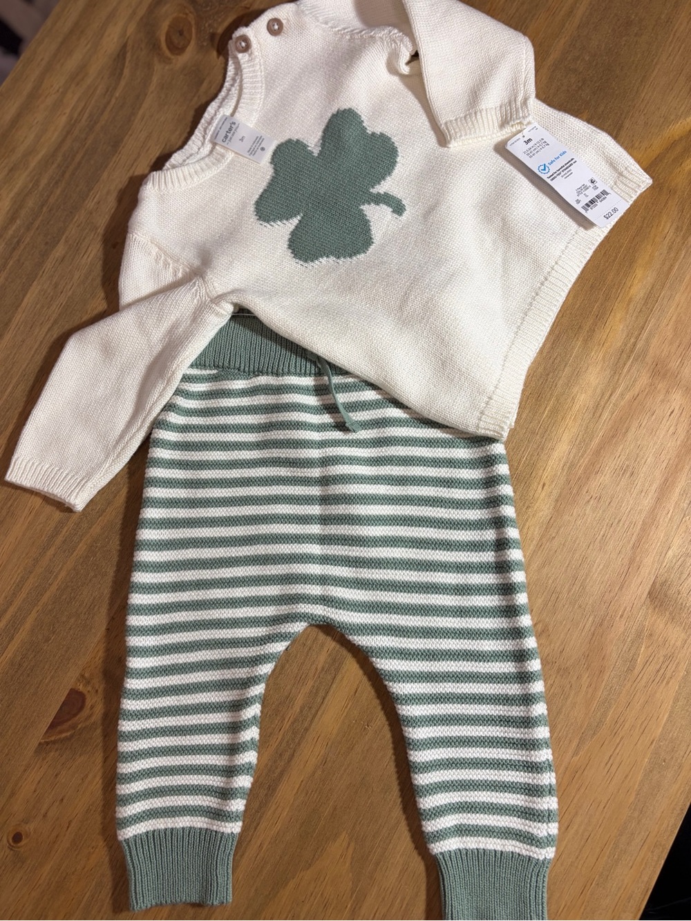Carter's Cream Sweater with Sage Clover & Sage-Striped Knit Pants